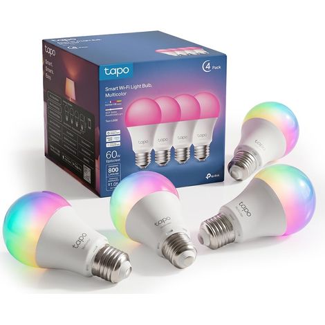 Ampoule Connectée WiFi, Ampoule LED E27 Multicolore 2500K-6500K, Dimmable 8.7 W (équivalent 60W) 806Lm, Compatible avec 15, Economie d'énergie, Aucun hub requis, L530E(4-pack) (1/5)