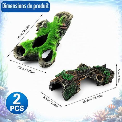 Aquarium Tronc d'arbre Décoration Mousse Simulée Aquarium Harz Höhle Simulation Grün Gras Fisch und Garnelen Versteck für Kleine Bis Mittelgroße Wassertiere (1/4)