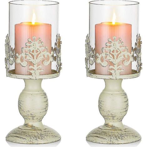 Lot de 2 bougeoirs vintage en métal, style ouragan, avec abat-jour en verre. Décoration idéale pour un mariage ou un dîner aux chandelles. (1/5)