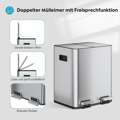 Irovami Poubelle de cuisine 30 L – 2 compartiments 15 L, inox, pédale, anti-odeurs – Pour cuisine, salle de bain, bureau (1/4)