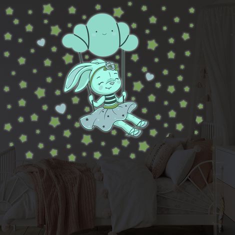 Sticker phosphorescent lumineux - LAPINE SUR LE NUAGE BALANÇOIRE - Autocollant mural plafond enfant fluorescent - 45x30cm (1/5)