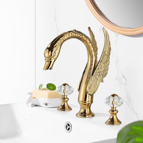 Robinet d'évier de salle de bain en forme de cygne doré poli à 3 trous robinet de lavabo 2 boutons en cristal robinet mitigeur pont robinet oiseau (1/5)