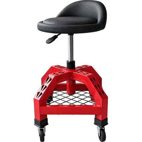 Relaxdays taburete de taller con respaldo, ruedas, regulable, 136 kg, 50x40x40 cm, pistón de gas, metal, rojo (1/5)