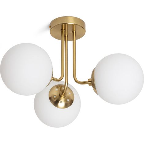 Green Mobility-Plafonnier métal et verre Moonlight brass 3 spots blanc – Finition dorée et verre blanc mat – Compatible ampoules E27 – Pour salons et chambres (1/5)