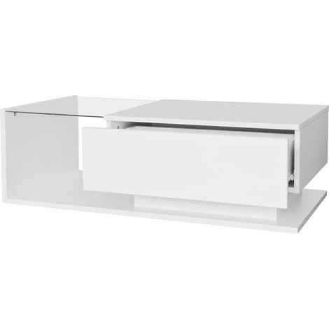Table basse blanche laquée brillante 100x50x32 cm avec plateau en verre et tiroir, résistante aux rayures, 1 tiroir, éclairage LED, style moderne (1/5)
