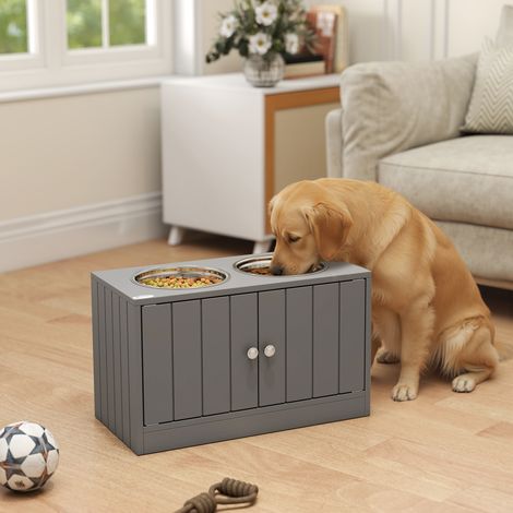 Gamelles Chiens Surélevées Gamelle Double Chien Chat Porte-Gamelles 2L Acier Inox 60 x 30 x 35.5 cm Gris