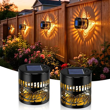 2 Pièces Lampe Solaire Exterieur, IP44 Etanchéité Lanterne Solaire Exterieur Jardin 2700K Blanc Chaud, LED Lanterne Solaire Papillon pour Cour, Balcon, Terrasse, Clôture, Marche, Camping (1/5)