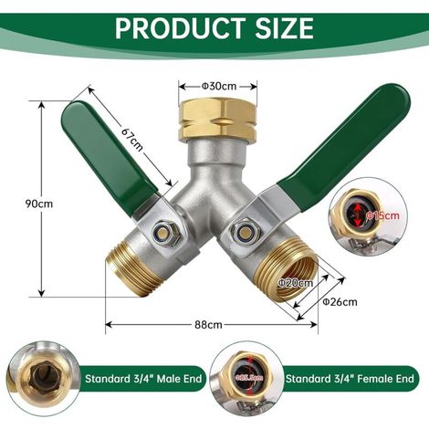 Distributeur d'eau à 2 voies en Y 3/4 pouce Séparateur de tuyau d'arrosage avec poignée verte métallique Distributeur laiton avec 3 joints et 1 bande d'étanchéité pour jardin, robinets cuisine (1/4)