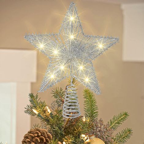 Cime de sapin de Noël argentée à paillettes, 30 cm, illuminée par 10 LED, en métal creux. (1/5)