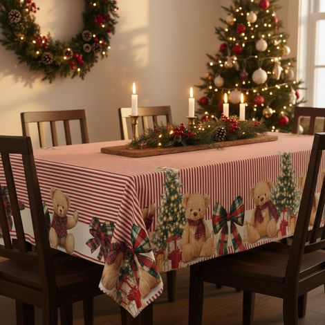 Tovaglia Teddy a righe realizzata in cotone per tavola natalizia 145 x 245 cm (1/3)