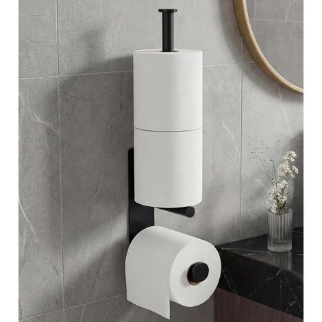 Porte papier toilette double vertical noir, support mural pour 1 rouleau usagé + 3 rouleaux de rechange maximum, en métal inoxydable sans perçage et vissable pour salle de bain wc cuisine (1/5)