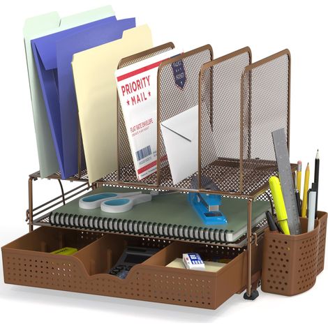 Module de rangement - trieur de bureau grillagé, avec tiroir coulissant, deux plateaux et 5 divisions verticales, cuivre (1/5)