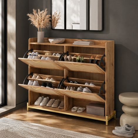 Eleganter Schuhschrank aus Holz mit Rattantüren – 4 Türen, Metallrahmen und oberes Regal für stilvolle und übersichtliche Aufbewahrung. (1/5)