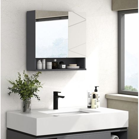 Meuble miroir de salle de bain moderne en bois gris 55 x 17 x 55 cm, mural avec 2 portes, étagères réglables et niche ouverte (1/4)