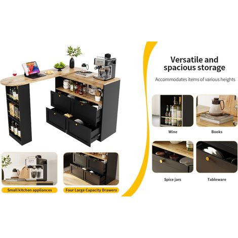 Meuble bar noir en MDF pivotant à 360 avec 4 tiroirs et étagères ouvertes, plateau effet bois pour salle à manger, bureau et salon (1/5)