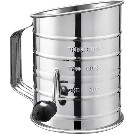 tamis Farine En Acier Inoxydable: 3 Cup Tamis Ptisserie Rotatif Manivelle Avec 20 Tamis Mailles Fines Et Mesure Estampe Pour La Farine De Cuis (1/5)