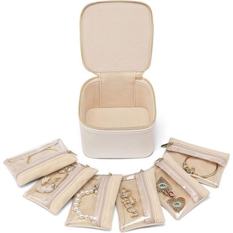 Kleine Reise-Schmuckaufbewahrungsbox mit 6 Schmuckfächern mit Reißverschluss (cremeweiß). (1/5)