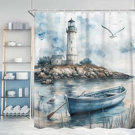 Rideau de douche nautique avec crochet pour salle de bain, motif phare, bord de mer, voilier bleu côtier (1/5)