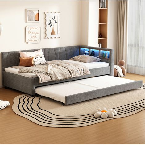 DESVIAE Lit de jour avec lit gigogne 90 x 200 cm en tissu gris avec rangement tête de lit ports USB et Type C éclairage LED sommier à lattes (1/5)