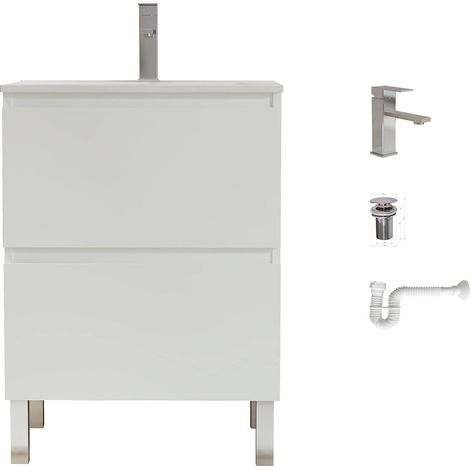 Solution complète Comprenant : Meuble de Salle de Bain, lavabo en céramique, Robinet, Siphon Extensible et bonde de vidange. Meuble monté. Livraison Tout-en-Un. Porte + tiroir sans Miroir (1/5)