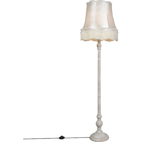 QAZQA Retro/Vintage Lámpara de pie gris con pantalla de abuela crema - Classico Madera /Textil Redonda Adecuado para LED Max. 1 x 40 Watt