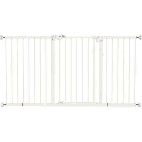 Barrière de sécurité animaux, porte à fermeture automatique, système double verrouillage, sans perçage, 3 extensions, blanc (1/5)