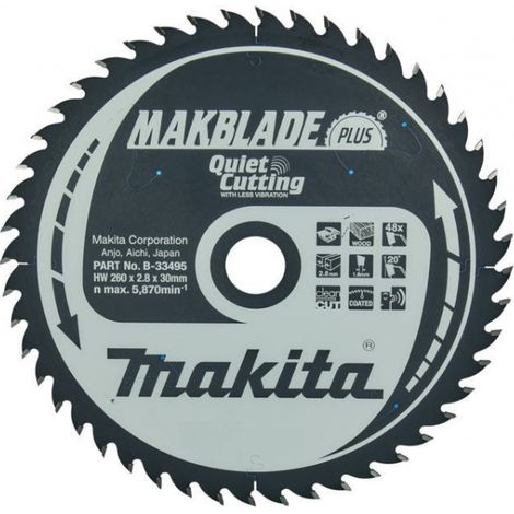 Makita – Lame de scie circulaire 260 mm – 48 dents carbure de tungstène – Pour bois dur – Coupe nette et silencieuse – Compatible scies sur table - B-33495