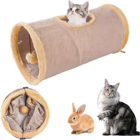 Tunnel pour chat - Jouet rond avec balle de jeu pour animaux de compagnie - Tunnel de jeu pliable et extensible pour chats, lapins ou petits animaux, cochon d'Inde (kaki) (1/5)