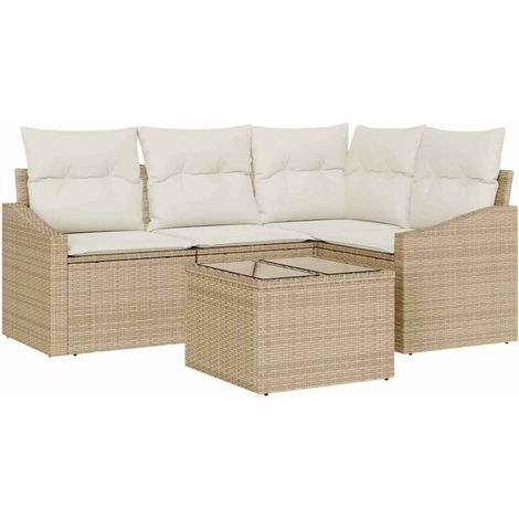 Sofa Set with Cushion 5 pcs Beige Poly Rattan vidaXL (1/5)
