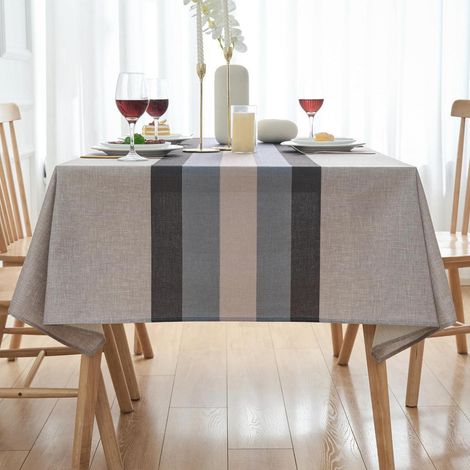 Nappe Ronde 140x140 cm Aspect Lin Rayures Lavable Moderne Style Campagne