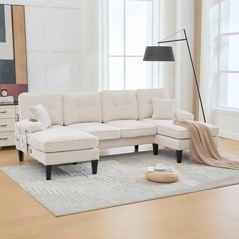 Canapé d'angle 4 places en velours côtelé avec 2 chaises longue, poches de rangement, ports USB/Type-C, 250x130x88 cm, beige (1/5)