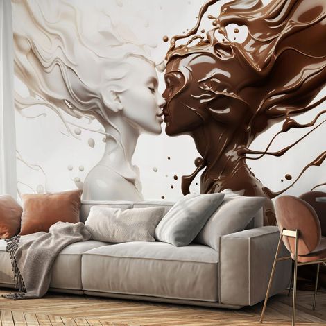 Vlies Fototapete Abstrakt 150x105 cm, Tapeten, für Wohn und Schlafzimmer, Vliestapete Wandtapete Tapete 3D Effekt- inkl. Kleister - Kaffee und Milch Kuss weiß und braun, WallArena (1/4)