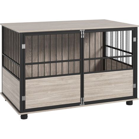 Hundekäfig für Zuhause, Hundehütte, Rutschfest Haustierkäfig, Hundebox mit Türen, Hundehaus für bis große Hunde, Walnuss, 100x60x68cm