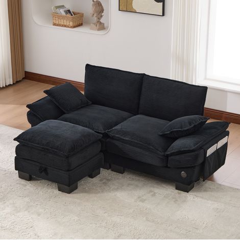 Divano 2 posti con pouf 190x132x84 cm nero in velluto a coste con porta USB-C, tasche laterali e vano contenitore (1/5)