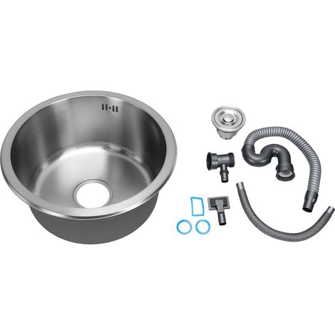 Évier de cuisine rond en acier inoxydable avec cuve encastrée polyvalente, drainage efficace et système de drainage performant, idéal pour bar et camping-car. (1/5)