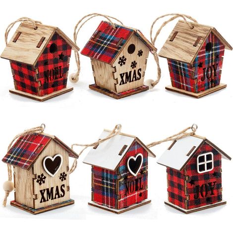 Déco de Noël 6 pièces cabane en bois rose magenta, suspension arbre de Noël miniature, ornement mural en bois pour maison, pendentif artisanal de fête (1/5)