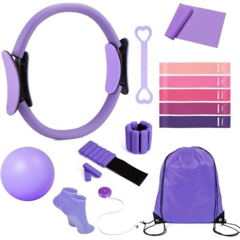 Pilates Set für Zuhause , 14PCS Pilates Set Fitness Zubehör Set mit Pilatesring, Yogaball, Widerstandsbändern, Fußmassagesocken, Verstellbare Gewichtsbinde Maßband für Training Zuhause, Yoga, Bein (1/5)