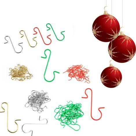100 Weihnachtsbaumhaken, 25 goldene, 25 grüne, 25 silberne und 25 rote kugelförmige Haken, geeignet für Weihnachtsdekorationen, S-förmige Haken. (1/5)