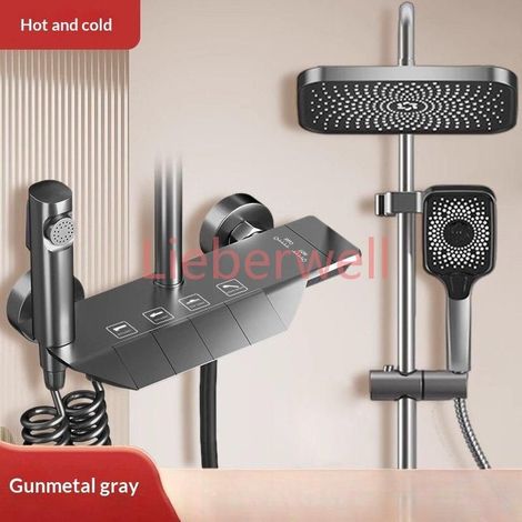 LIEBERWELL Thermostatic Shower System, Brass Rainfall Shower Head, High Pressure Handheld Valve, Wall Mounted Bathroom Set, Black Grey (1/5)