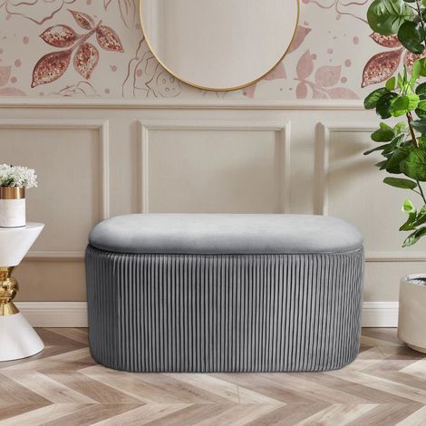 Elliptical Velvet Ottoman Storage Bench, Grey (1/5)