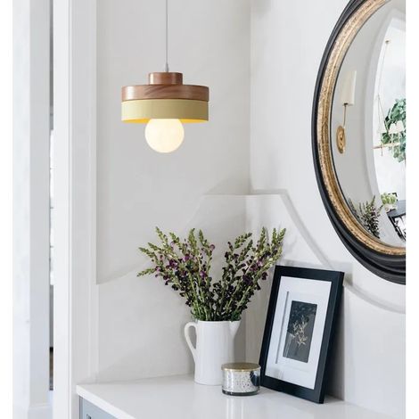 Lustre Suspension Moderne Intérieur en Bois,18cm Vintage Lampe de Plafond Abat-jour Design Cylindrique E27 Plafonnier Retro (1/5)