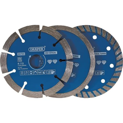 Draper 115mm (4.5-inch) Diamond Blade Set – 3-Piece Cutting Tool Kit for Masonry, Tile, and Stone Applications (1/4)