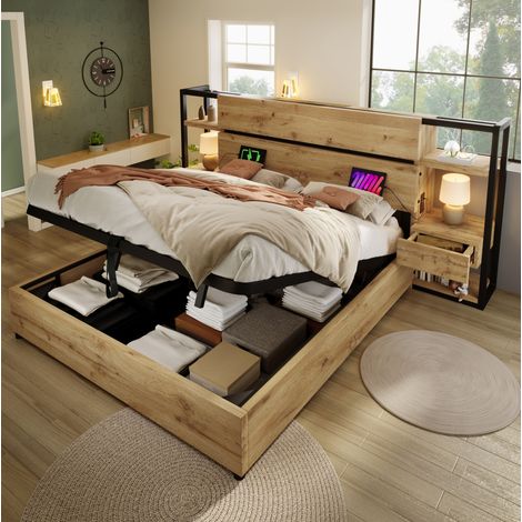 Cama doble 160x200 cm estilo industrial, MDF y metal, color roble, con cabecero de almacenaje y carga USB/Type-C, con colchón (1/5)