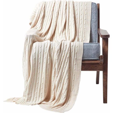 HOMESCAPES Cotton Cable Knit Throw, Natural, 150 x 200 cm