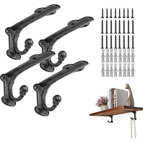 Support etagere 4 pièces, Support d'étagère 10 cm, Support etagere noir avec Crochets, Métal support etagere murale (1/5)