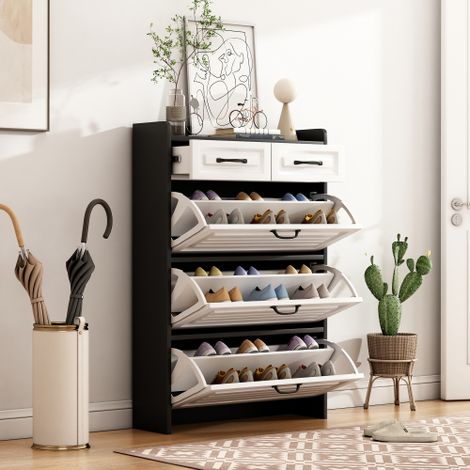 Meuble à chaussures, composé de trois grands compartiments basculants et de deux tiroirs  Meuble à chaussures / Étagère à chaussures en bois  Idéal pour les entrées et les salons.