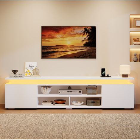 Mobile TV 180x35x42 cm in MDF bianco con LED RGB e vano contenitore - MEUBLIV (1/5)