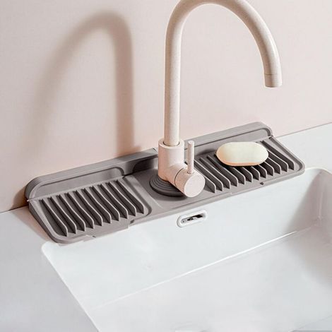 Tapis de robinet d'évier de cuisine en silicone, gris, 45 x 14 cm