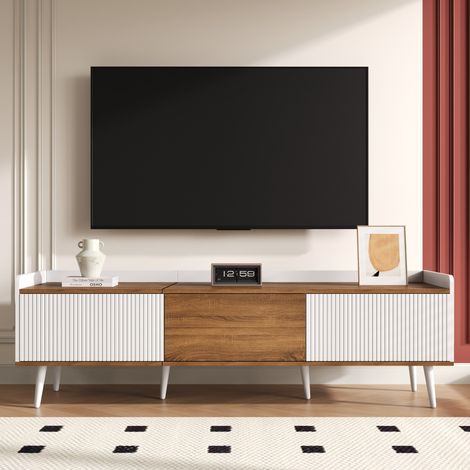 Mobile TV 3 Ante, Compatto, Finitura Bianca e Legno Naturale, H49,5 / L160 / P39 cm (1/5)