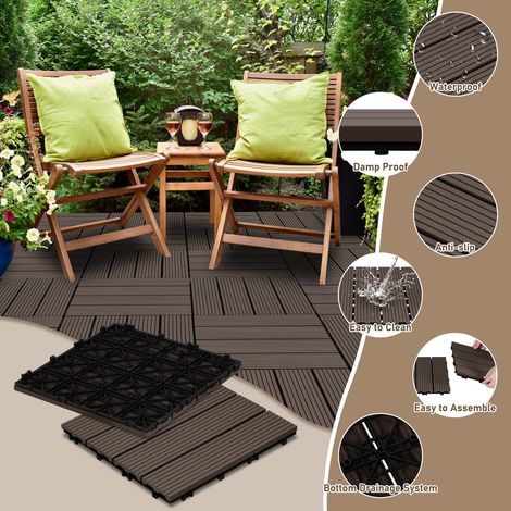 Randaco Set di 42 piastrelle per decking in WPC, 4 listelli, 7 m², 30 x 60 cm, Teak, piastrelle in legno composito ad incastro (1/3)
